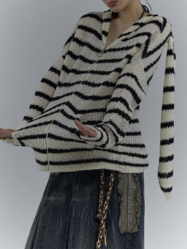 Rabbit Ear Styling Hooded Stripe Cardigan