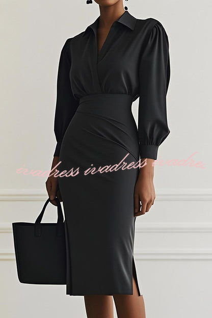 Fashion Lapel Long Sleeve Slim Waist Midi Dress