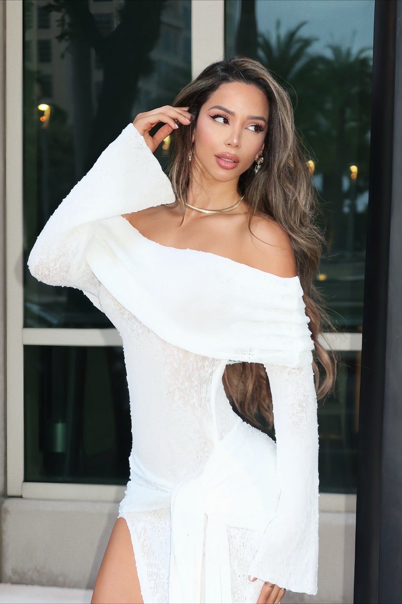 | Off Shoulder Cutout Flare Sleeve Fitted Maxi Dress