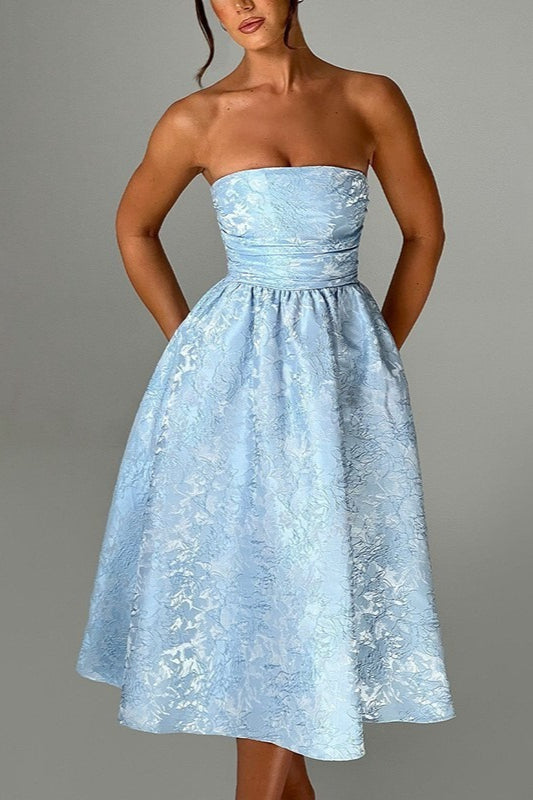 Solid Jacquard Strapless A-Line Party Dress
