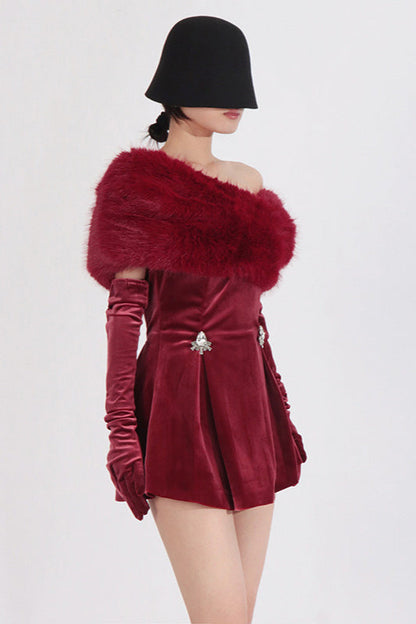 Velvet Strapless Crystal Brooch Peplum Faux Fur Wrap Mini Dress