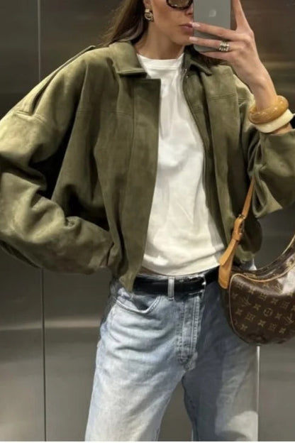 Suede Lapel Bomber Jacket