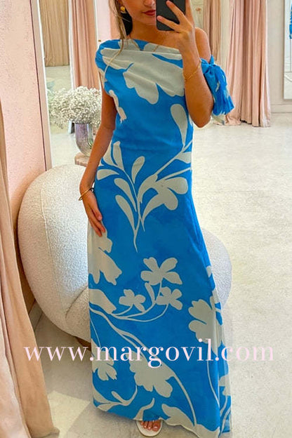 One Shoulder Tie Knot Printed Maxi Dress