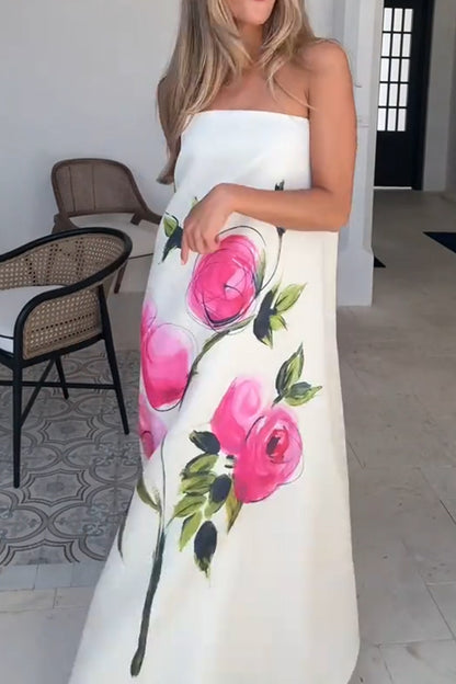 Garden Wedding Painted Roses Print Strapless A-line Maxi Dress