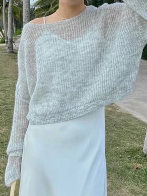 See Through Solid Loose Short Long Sleeve Knit