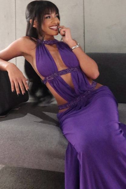 | Cutout Backless Maxi Dress in Rhinestone