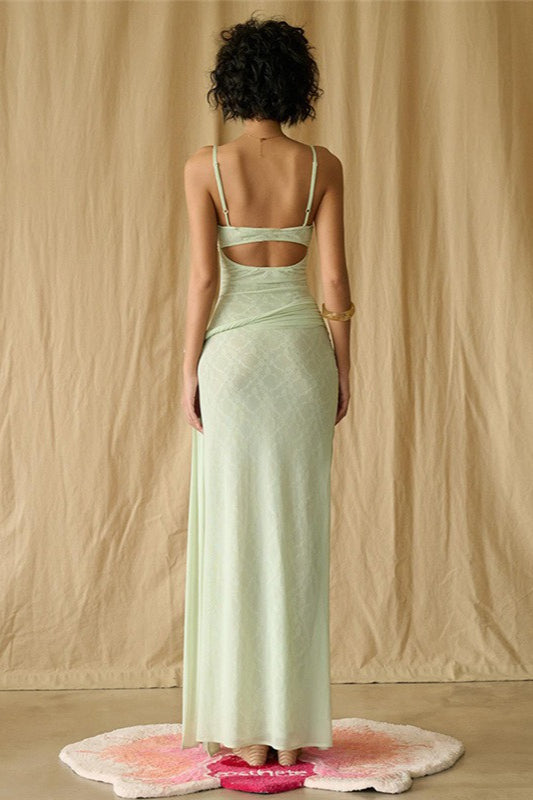| Lace Mesh Floral Waist Cinched Cami Maxi Dress