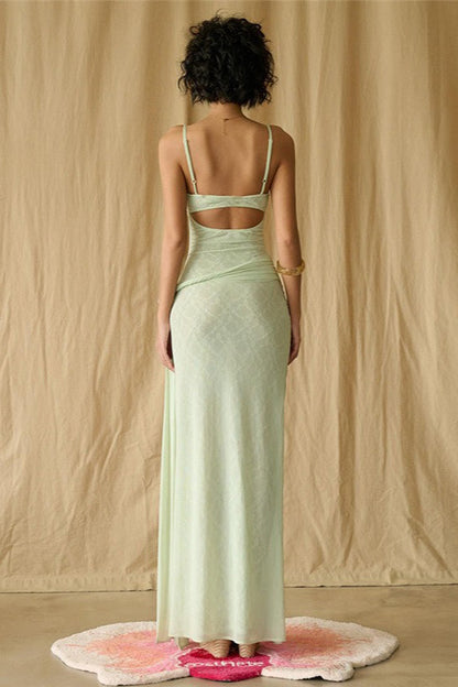 | Lace Mesh Floral Waist Cinched Cami Maxi Dress