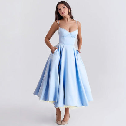 Women’s Sleeveless Corset Midi Dress - Elegant Dinner Party Style