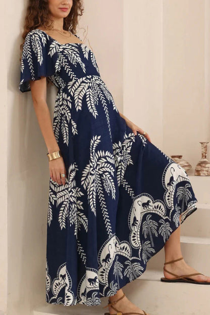 Plant Print Short-sleeved Square Neck Casual Pocket Holiday Midi Dress