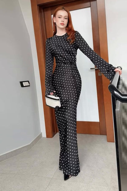 Polka Dot Crew Neck Long Sleeve Waist Tie Bodycon Maxi Dress