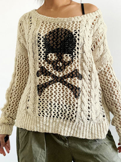 Cutout Skull Print Twist Design Knit Loose Sweater