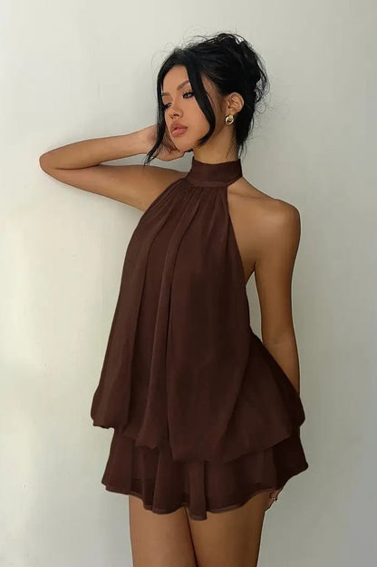 Pleated Halter Neck Tiered Ruffle Chiffon Trapeze Mini Dress