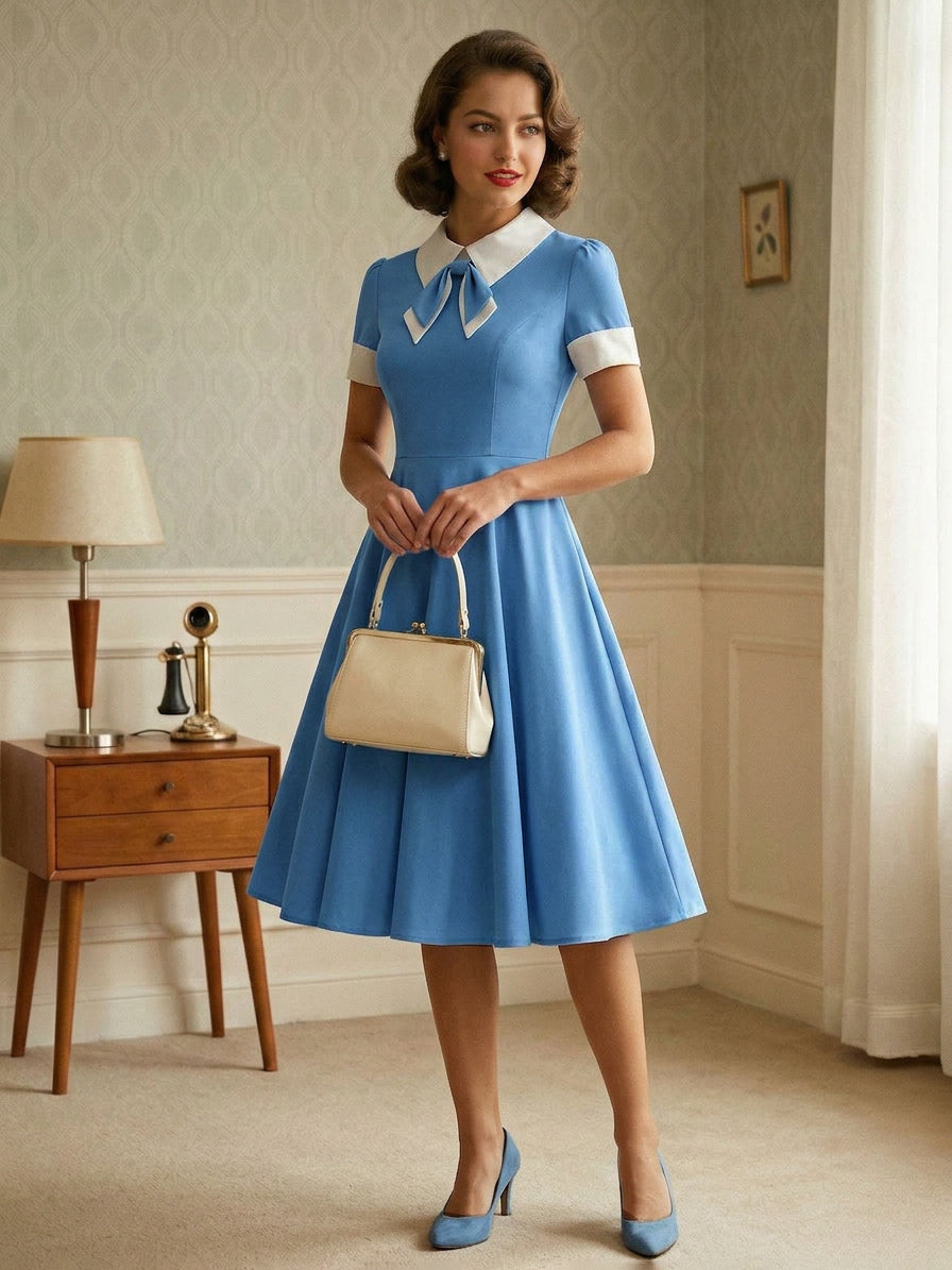 Vintage 1950s Swing Cocktail Dress for Women - V Neck Short Sleeve A-Line Ruched Bust Rockabilly Midi Gown - Wedding Guest 2026