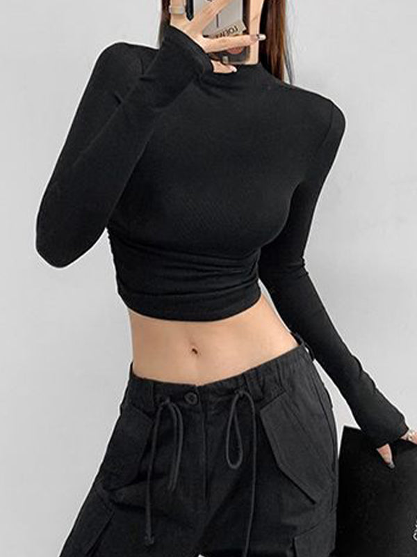 Solid Mock Neck Shirred Slim Long Sleeve Knit