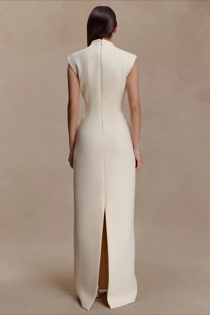 | Asymmetrical Cutout Maxi Dress with Metal Trim and Ruched Design