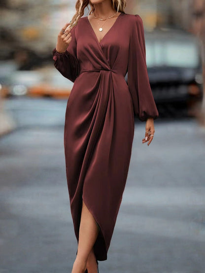 Wrap V-Neck Bishop Sleeve Twist-Waist Draped Midi Dress