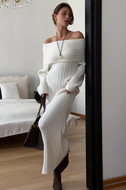 | Solid Off Shoulder Bodycon Knit Maxi Dress