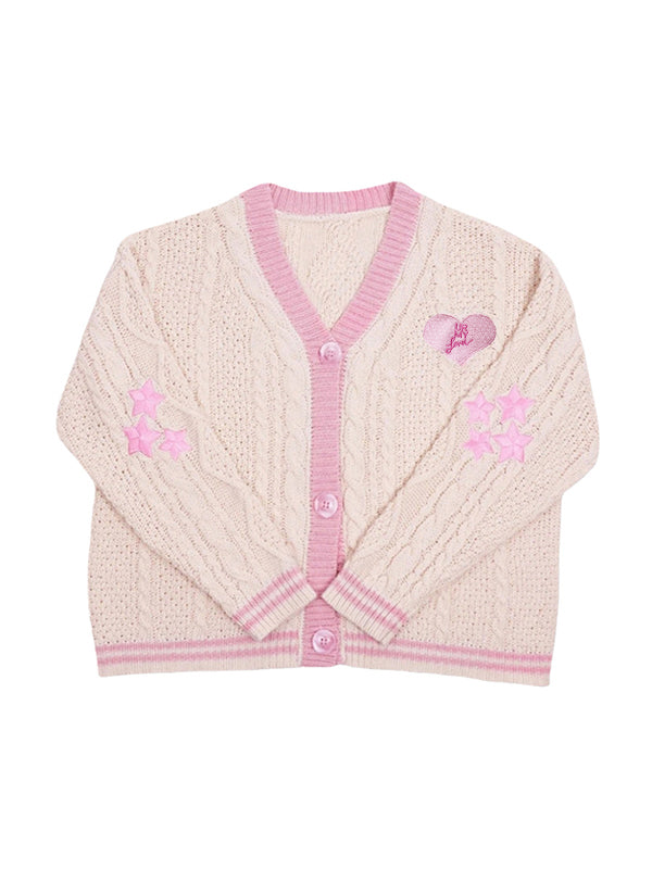 Contrast Trim Star Embroidery V Neck Cardigan