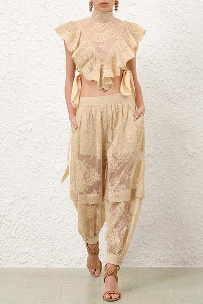 Ellie Lace Gathered Waist Pocket Button Ankle Cuffs Harem Pant