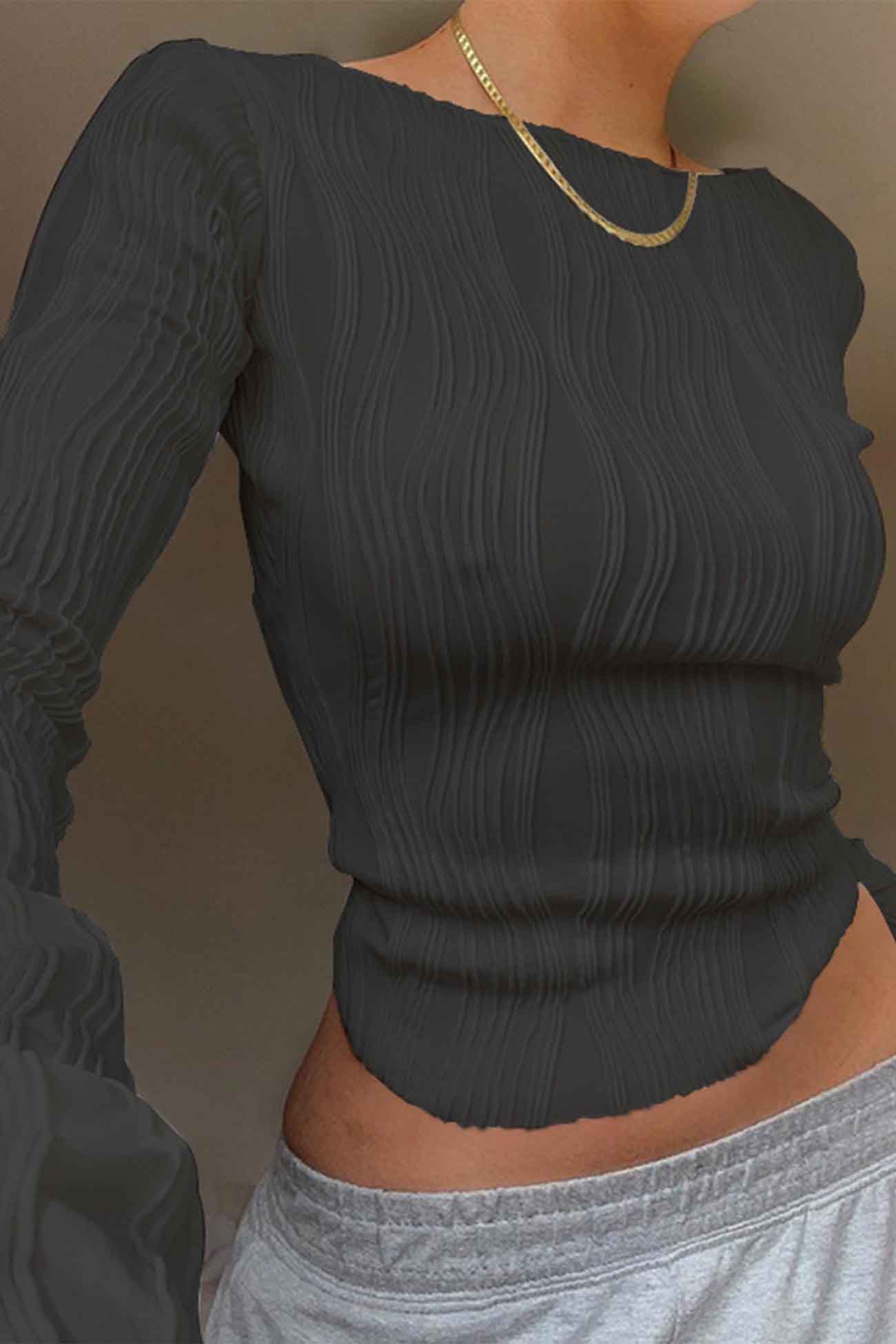 Crew Neck Textured Long Sleeve Top
