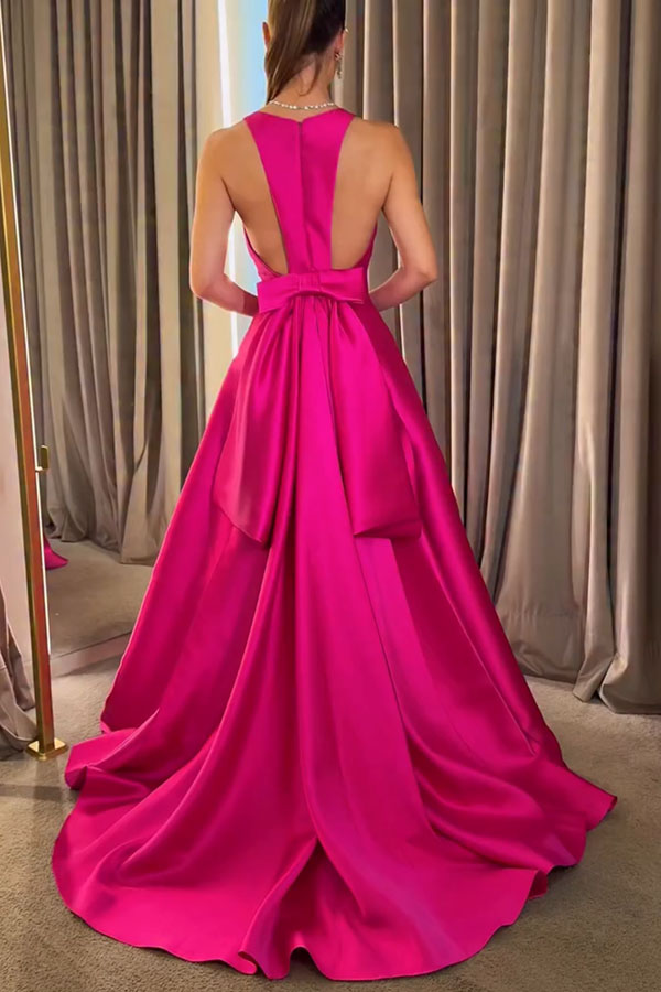 Modern Charm Satin Back Bow Detail Pocketed Porm Maxi Dress