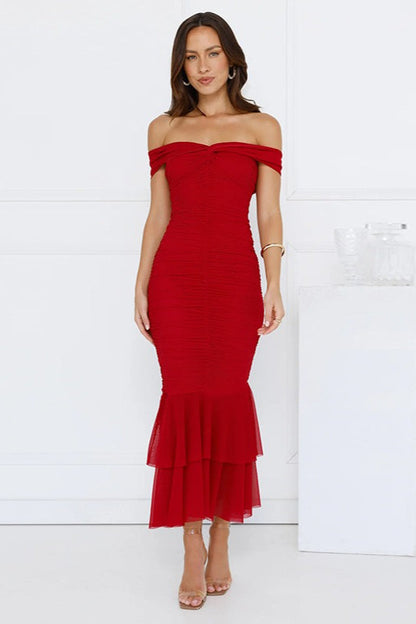 Off Shoulder Twist Front Ruched Tiered Mermaid Flounce Hem Midi Dress