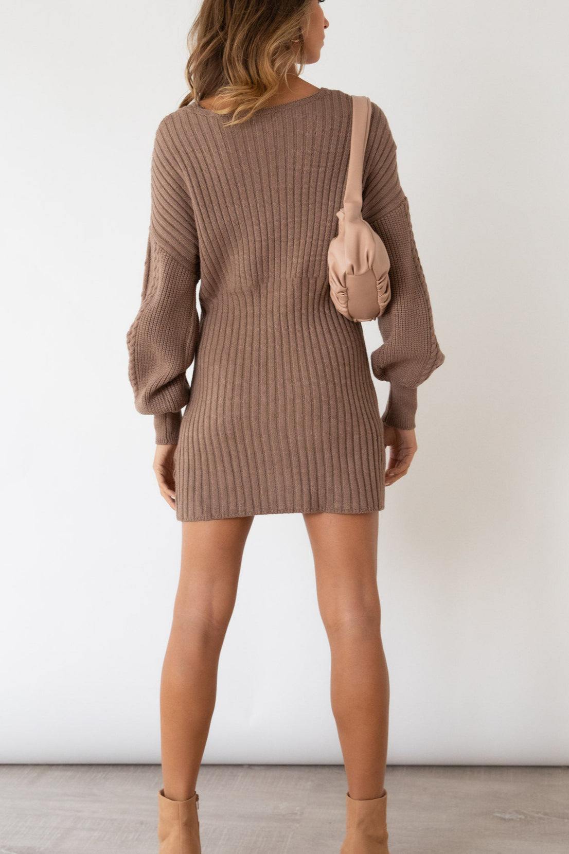 Cable Knit Wrap Front V-Neck Balloon Sleeve Ribbed Mini Sweater Dress