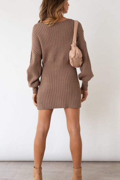 Cable Knit Wrap Front V-Neck Balloon Sleeve Ribbed Mini Sweater Dress