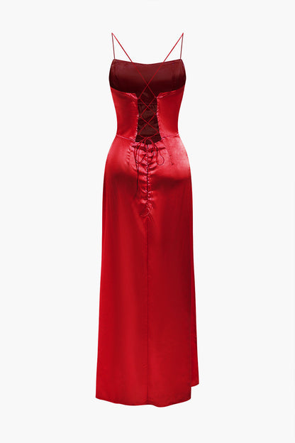 Cowl Neck Corset Bodice Spaghetti Strap Satin High Slit Maxi Dress