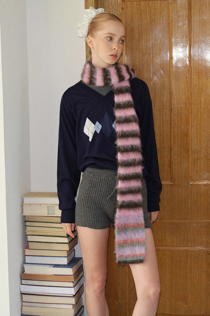 Contrast Striped Narrow Soft Wool Blend Knitted Scarf