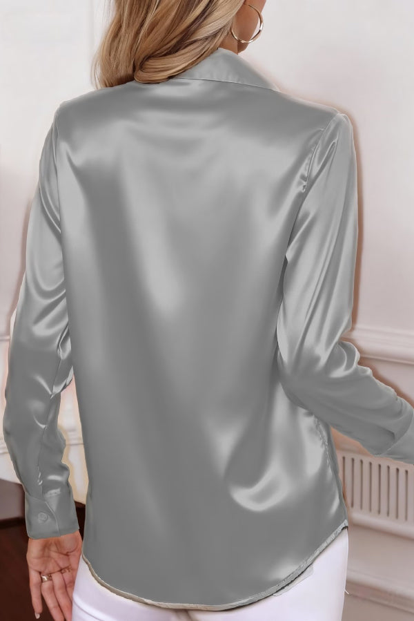 Solid Color Collared Long-sleeved Casual Button-down Shirt