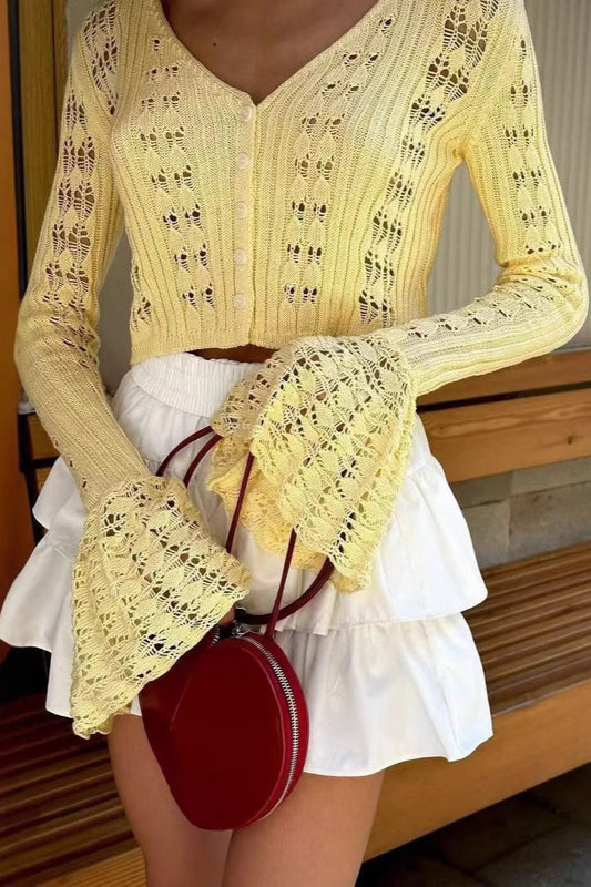 Cutout V-Neck Solid Short Long-Sleeve Knit Cardigan