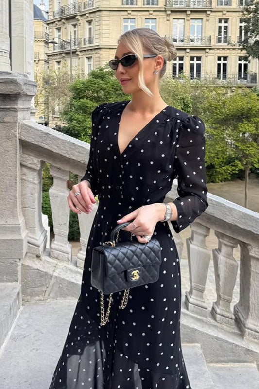 Polka Dot V-Neck Puff Sleeve Button-Front Chiffon Midi Dress