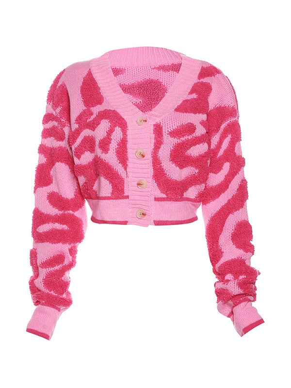 Contrast Color Flocking Print V Neck Short Cardigan