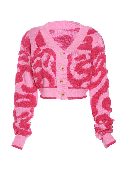 Contrast Color Flocking Print V Neck Short Cardigan