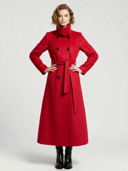 Belted Long Woolen coat with Double-breasted and high collar For Women 2026