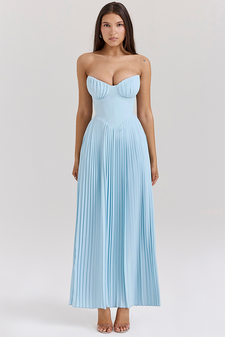 Strapless Sweetheart Corset Basque Waist Accordion Pleated Maxi Dress