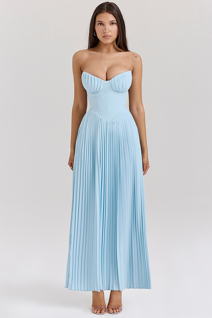 Strapless Sweetheart Corset Basque Waist Accordion Pleated Maxi Dress