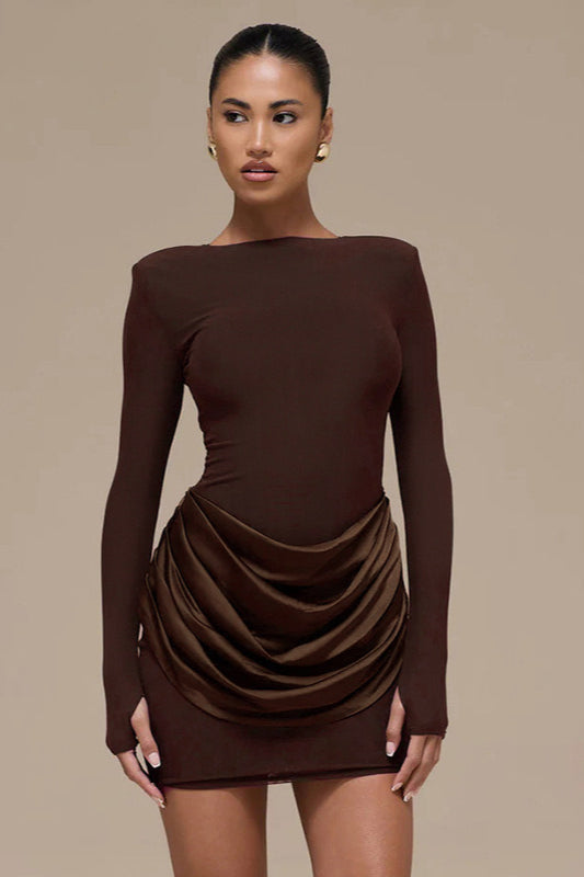 Boat Neck Padded Shoulder Long Sleeve Draped Satin Hip Overlay Bodycon Mini Dress