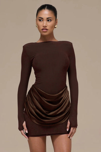 Boat Neck Padded Shoulder Long Sleeve Draped Satin Hip Overlay Bodycon Mini Dress