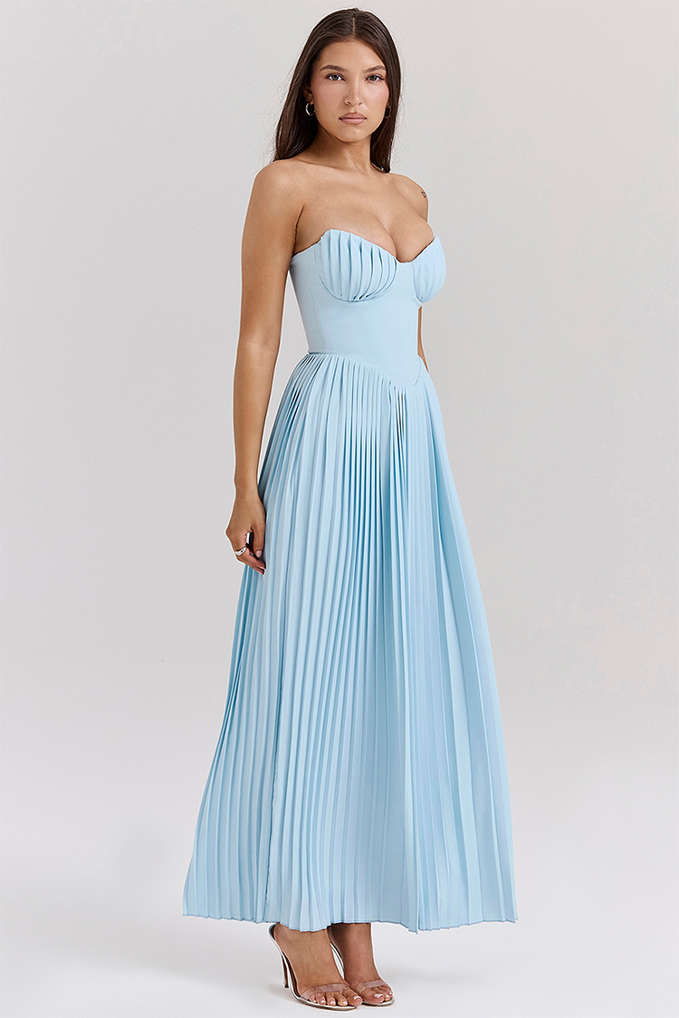 Strapless Sweetheart Corset Basque Waist Accordion Pleated Maxi Dress