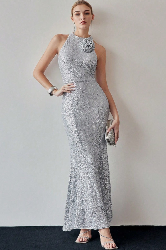 Sequin Halter Mermaid Rosette Shoulder Maxi Gown