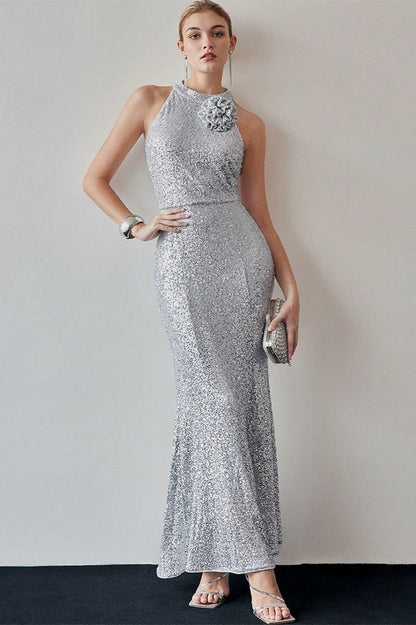 Sequin Halter Mermaid Rosette Shoulder Maxi Gown