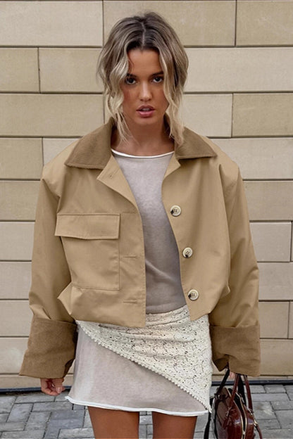 Retro Color Block Collared Utility Cropped Casual Jacket