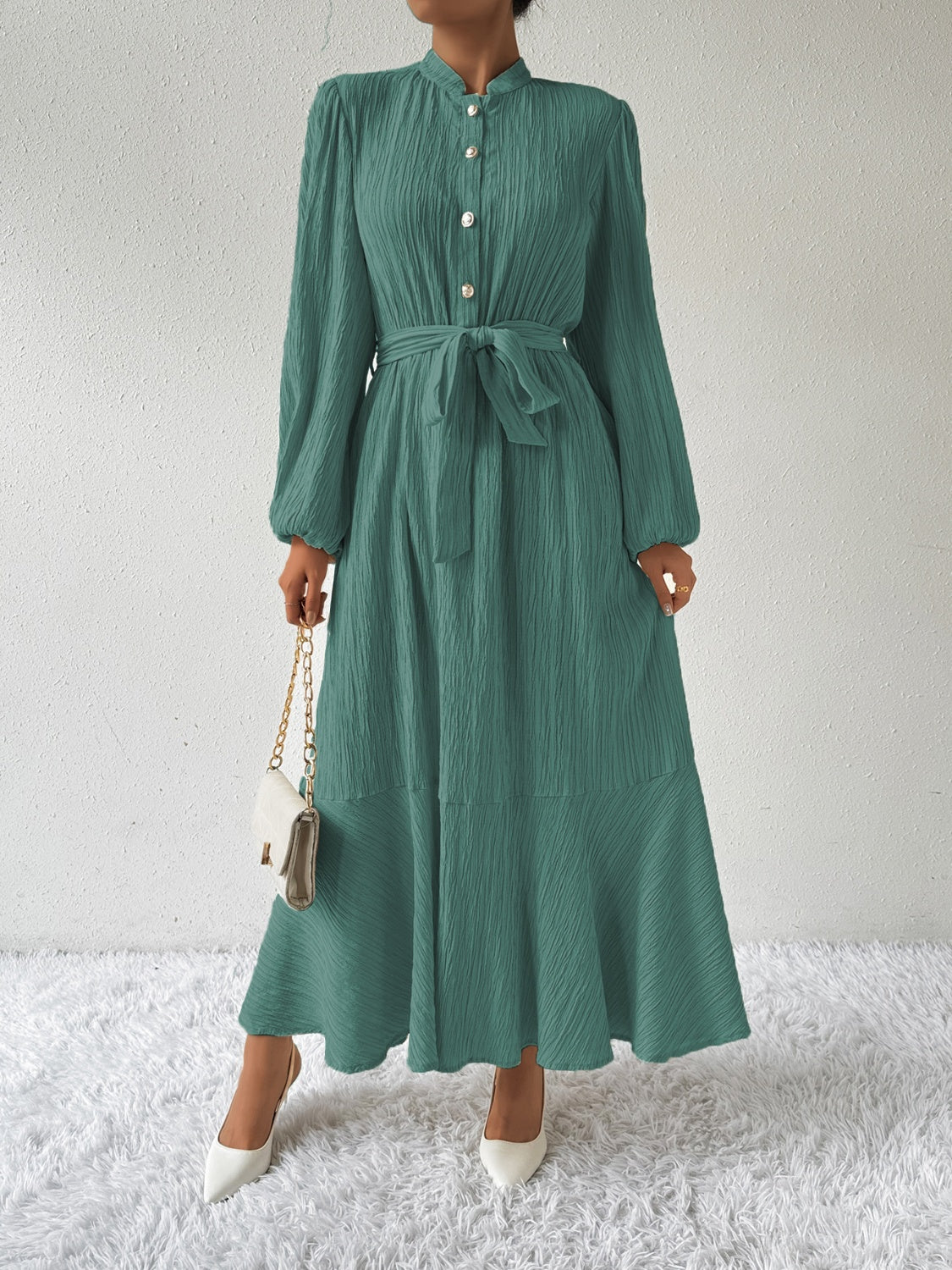 Textured Mandarin Collar Bishop Sleeve Tie Belt Tiered Maxi Dress