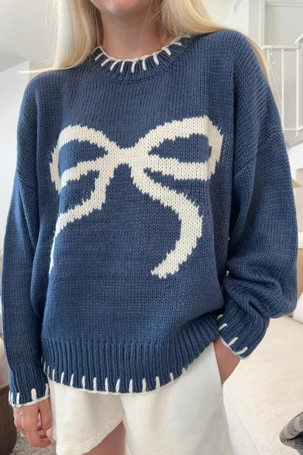 Bow Jacquard Knit Pullover Sweater
