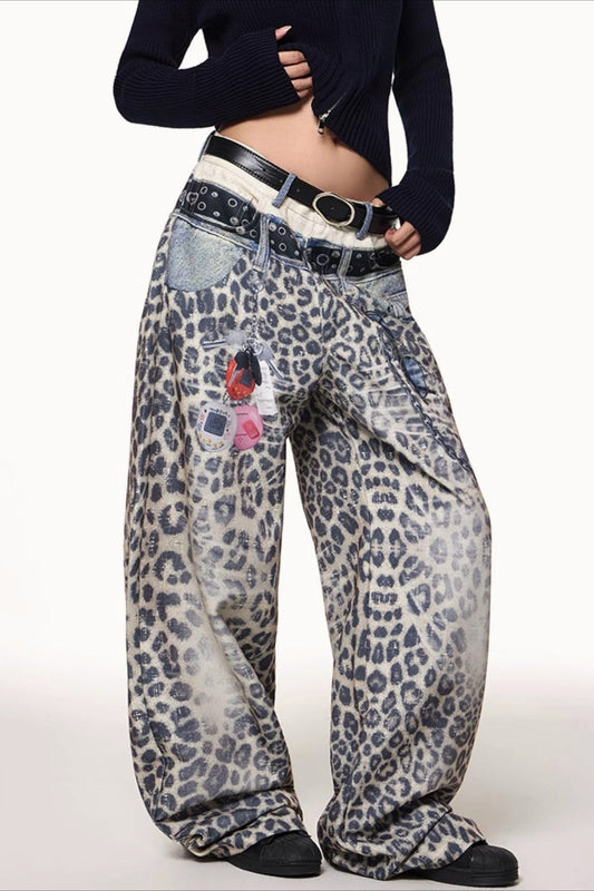 Vintage  Leopard Printed Color Block Straight Leg Jeans