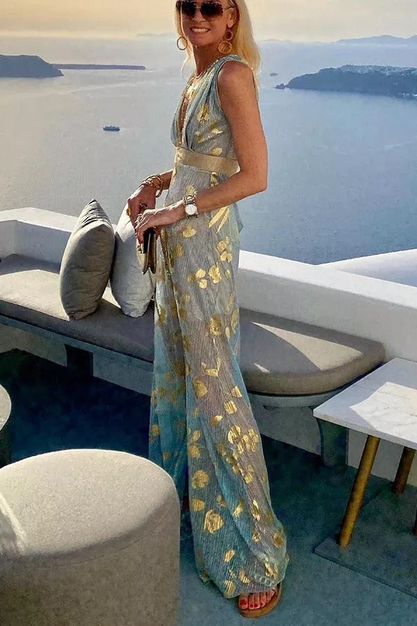 Distressed Metallic Foil Print Deep V-Neck Empire Waist Sleeveless Maxi Dress