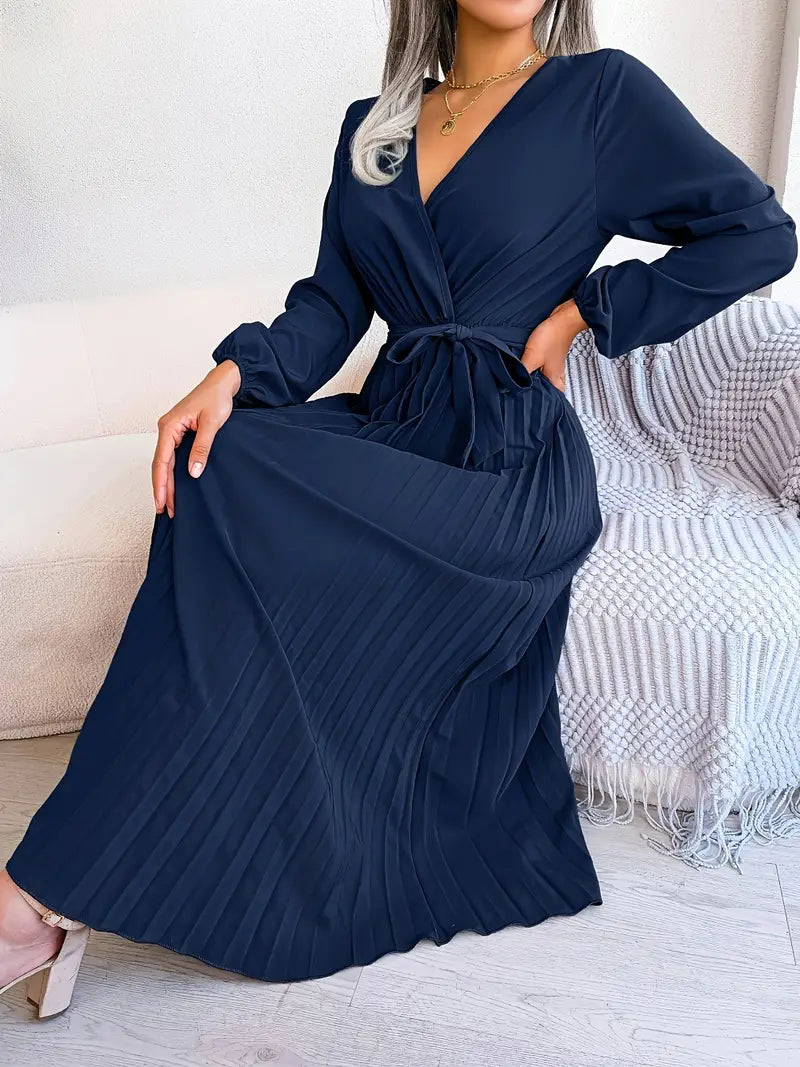 Bishop Sleeve Accordion-Pleated Wrap V-Neck Belted Maxi Dress